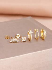 Bộ 5 khuyên tai hình hoa đính đá Zirconia lấp lánh, mạ vàng 18K, thích hợp cho nữ, dùng trong đám cưới. - 1-Vàng-5 CÁI - Xem 2