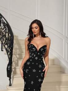 Love Aing Vestido de gala de verano para mujer, vestido de sirena con pedrería, vestido de vendaje glamoroso y resistente para fiestas y banquetes, elegante y sexy vestido largo de noche para ocasiones sociales. - Negro - Ver 8