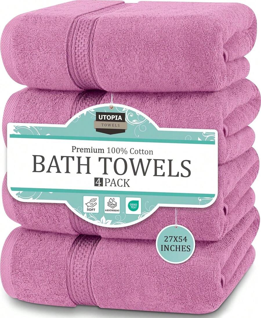 Utopia Towels 4 Pack Premium Bath Towels Set, 27 By 54 Inches, 100% Ring Spun Cotton 600GSM, Lightweight And Highly Absorbent Quick Drying Towels, Perfect For Daily Use - 粉色 - 查看 1