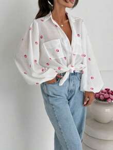 Casual Fashionable Charming Elegant Minimalist Vacation Printed Shirt Collar Long Sleeve Blouse, Minimalist Front Button Long Sleeve Top, Women Spring White - White - View 3