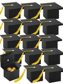 50/15 piezas/1 pieza Caja de dulces con forma de birrete de graduación, Suministros para fiesta de graduación 2025, Adecuado para regalos de fiesta de graduación - Caja negra + cuerda amarilla - Ver 12