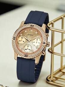 Women's Quartz Watch, Stainless Steel Case, Silicone Strap, Waterproof, Suitable For Daily Wear And Occasions W1098L6 - Rose Gold + Blue Strap - View 1
