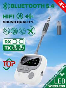 VAORLO 蓝牙5.4多点音频发射器接收器，3.5mm AUX接口，TF卡，HIFI立体声音乐双流无线适配器，带麦克风和LED显示屏，适用于电视、电脑、音箱、汽车、飞机等设备。 - Wireless Adapter - 查看 2