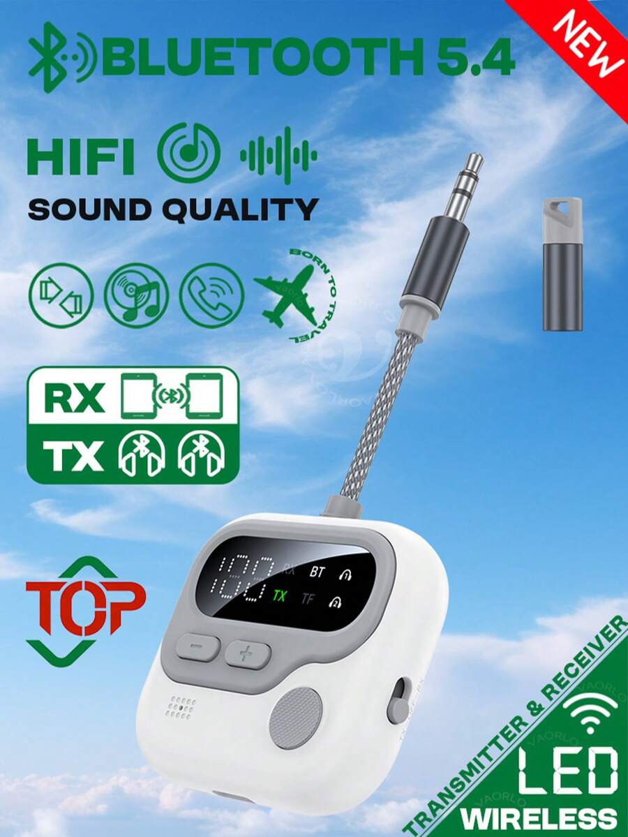 VAORLO 蓝牙5.4多点音频发射器接收器，3.5mm AUX接口，TF卡，HIFI立体声音乐双流无线适配器，带麦克风和LED显示屏，适用于电视、电脑、音箱、汽车、飞机等设备。