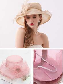 1 chiếc mũ organza dành cho nữ dự lễ hội Kentucky Derby, có thể tháo rời phụ kiện hoa cài đầu, mũ rộng vành bằng ren hoa organza, mũ rơm kiểu Pháp cho cô dâu dự tiệc cưới, đi biển, du lịch. - 1 CÁI - Xem 7