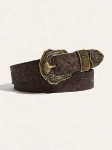 1 pièce Ceinture de style western vintage bohème grande taille, ceinture épaisse, ceinture avec boucle en cuivre vintage embossée, ceinture de cowgirl rodéo, convient pour les robes, manteaux, pulls, pantalons, idéale pour les fêtes, les rassemblements, les rues, les rendez-vous, le campus, les festivals de musique, l'hiver, indispensable pour les femmes de grande taille - Café - Voir 5