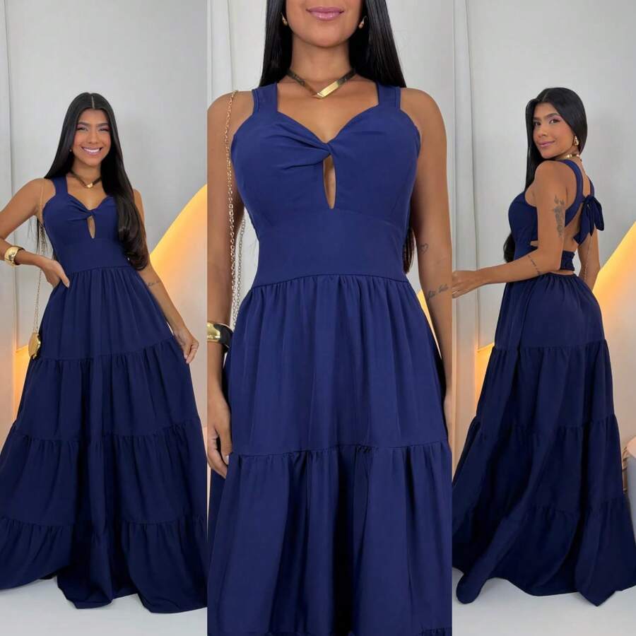 Women's Long Dress With Butterfly Knot - Navy Blue - View 1