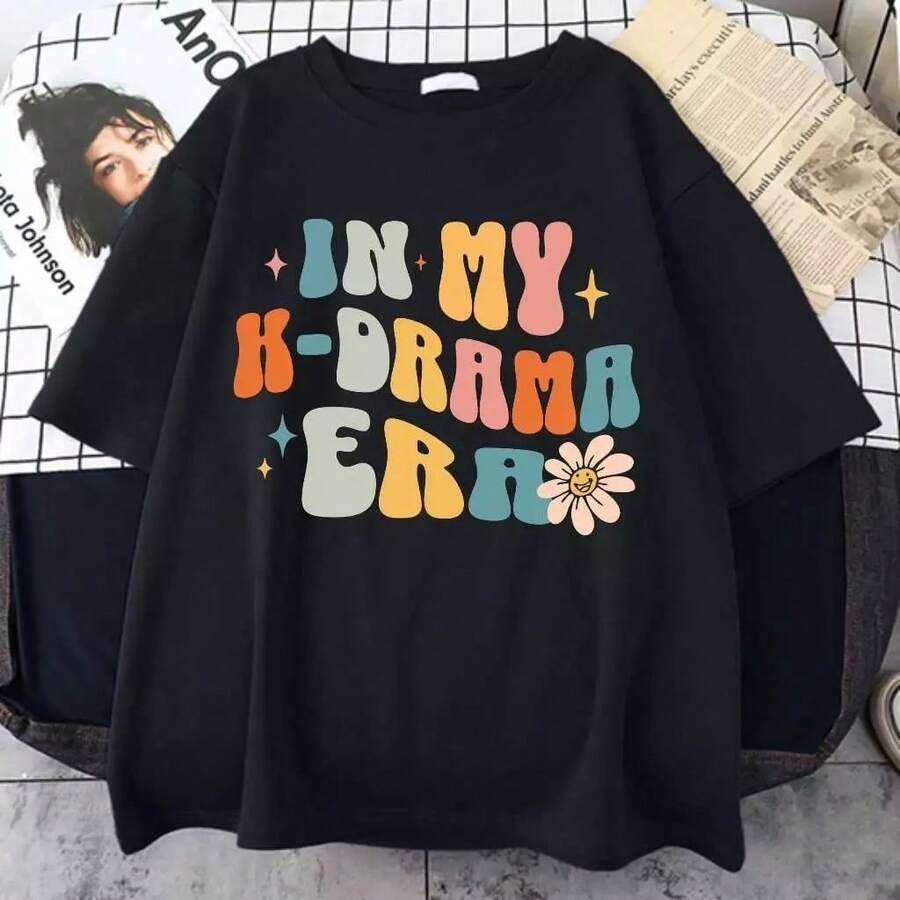 Women's Printed T-Shirt/Blouse In My Kdrama Era Dorama Stylish 100% - màu đen - Xem 1