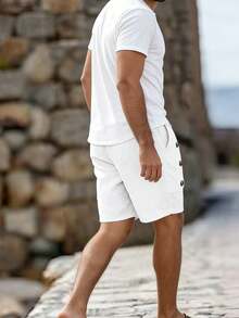 Quần short nam dáng casual, có dây rút ở eo và cúc, có túi, thích hợp mặc hàng ngày. - trắng - Xem 5