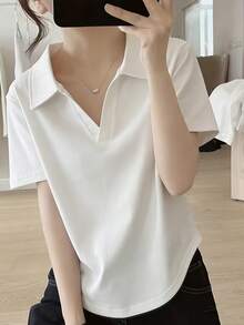 Women's Casual Short Sleeve White Polo Shirt, Asymmetric Hem, High Stretch Fabric, Fitted Sexy Style Crop Top, Suitable For Leisure & Daily Wear Summer - White - View 4