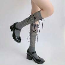 1 đôi tất dài quá đầu gối kiểu dáng tối giản, mỏng nhẹ, có nơ thắt, phù hợp với trang phục thường ngày theo phong cách Lolita và JK. - Nhiều màu - Xem 7