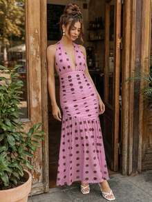 Elegant Halter Maxi Dress For Women, Polka Dot Print, Sleeveless, Open Back, Ideal For Parties And Date Nights. - 粉色 - 查看 6