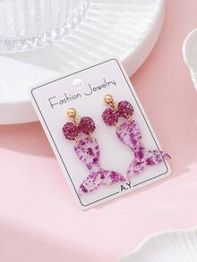 1 Pair Shiny Bow-Knot Mermaid Design Fashion Jewelry Earrings, Gift For Beach Vacation & Party - Pink - View 2