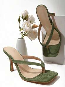 Classic Minimalist Striped Thong Women High Heel Sandals,Spring Summer Outfits - Green - View 3