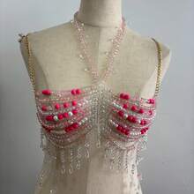 Glossmoon Pink Beads Festival Sexy Top Body Chain Chest Chain Body Chain Bikini Jewelry Beachwear Music Festival Nightclub Outfit - 粉紅色上衣 - 查看 7