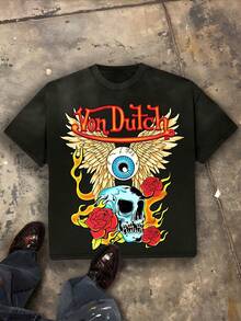Von O Dutch Classic Flying Wing Eyes And Skull Tops - Oversized Vintage Printed Washed T-Shirt. Men's 100% Cotton, Loose Fitting, Y2K Street Retro Casual Urban Aesthetics, 100% Cotton Pullover. Gifts Men Clothes Men Shirts Graphic Teens Men Vintage T Shirts Graphic Tees Tanktop - 黑色 - 查看 1