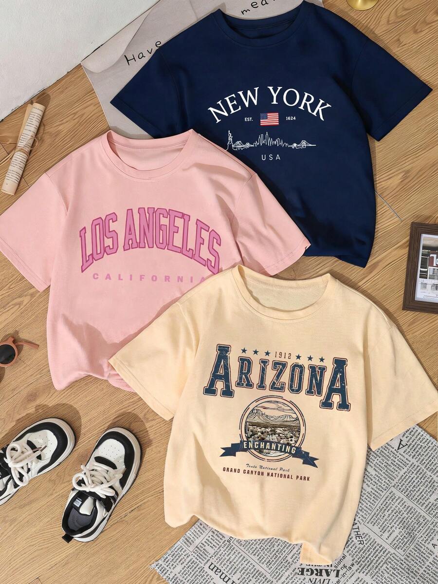 3pcs/Set Summer New Basic Casual Round Neck Short Sleeve T-Shirt With Simple Logo, Numeric & Letter Print, Versatile Daily Wear For Women - Navy Blue, Pink, and Apricot - View 1