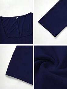 Women's Square Neck Solid Color Minimalist Jumpsuit - Long Sleeve Short Jumpsuit, Suitable Fitness, Versatile Outdoor Sports, Valentine's Day, Spring/Summer Long Sleeve Knit Jumpsuit Black Elegant - 海軍藍 - 查看 10