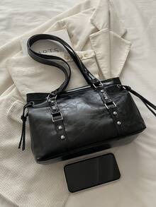 1 chiếc túi tote cỡ lớn kiểu cổ điển, túi đeo chéo cỡ lớn tiện dụng cho người đi làm, túi xách nữ màu đỏ rượu vang thời trang kiểu dáng xe máy, chất liệu da PU phủ sáp dầu màu trơn, dây đeo trang trí, khóa kéo, màu đỏ tía, túi đeo vai nữ thích hợp đi chơi, đi làm, đi học, đi du lịch ngắn ngày, đi nghỉ mát, làm quà tặng, quà sinh nhật, mua sắm, công tác, lý tưởng cho sử dụng hàng ngày. - màu đen - Xem 8