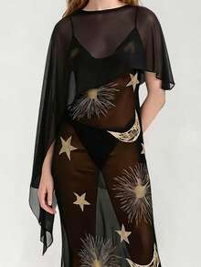 Women Sheer Mesh Poncho Solid Color Round Neck Asymmetrical Hem Loose Shawl Wraps Cape Tops - Black - View 1