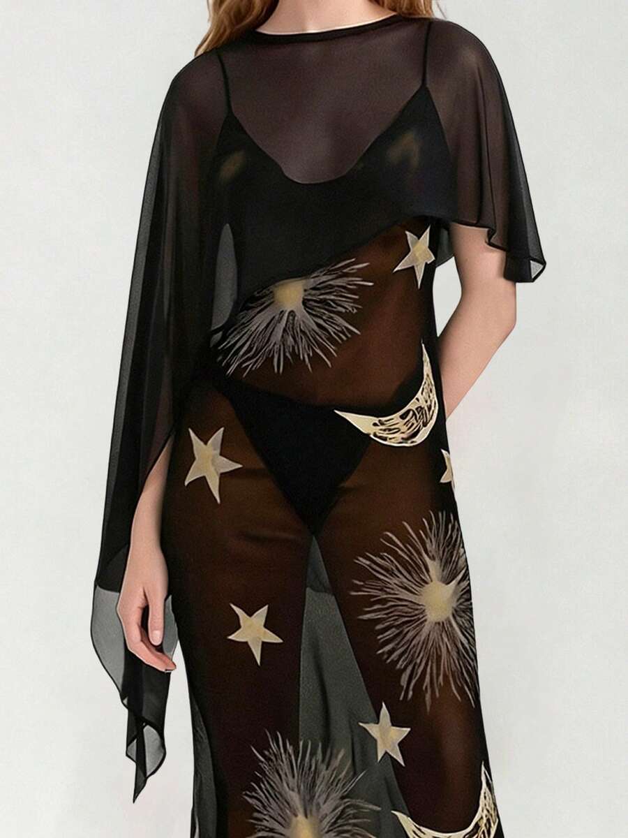 Women Sheer Mesh Poncho Solid Color Round Neck Asymmetrical Hem Loose Shawl Wraps Cape Tops - Black - View 1