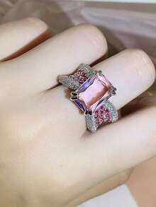 Nhẫn vuông bốn chấu cổ điển màu xanh lá cây đính đá zirconia tổng hợp, thiết kế mở có thể điều chỉnh, quà tặng trang sức dành cho phụ nữ. - trắng - Xem 4