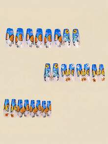 24pcs Long Ballet-Shaped False Nails, French Blue Butterfly Press-On Nails, Removable Full Coverage Nails, Suitable For Parties, Proms, And Daily Wear - Blue - View 3