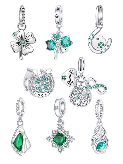 幸运四叶草祖母绿水晶吊坠镀银珠子，女士手链项链DIY饰品制作配件