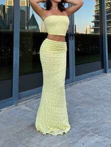 Bộ đồ hai mảnh mùa hè màu vàng bơ ren Vaiaye dành cho nữ, áo quây và chân váy dài, áo croptop không dây và chân váy maxi ôm sát, chân váy maxi cạp cao, thích hợp cho tiệc tùng, đi biển hoặc nghỉ mát. - Màu vàng - Xem 10