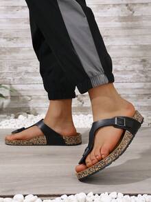 Men's Summer Casual Lightweight EVA (Ethylene-Vinyl Acetate Copolymer) Strap Hollow Beach Outdoor Home PU Leather Flip Flops, Breathable Non-Slip Flat Sandals Suitable For Teenagers, Summer Casual, Outdoor Sports, Travel, Graduation Gift, Birthday, Thick Sole Flat Thong Slippers - Black - View 4