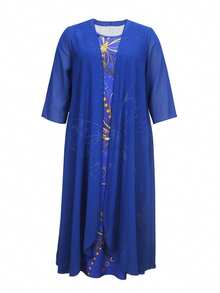 1 Set Women Plus Size Blue Dress With Butterfly Print And Matching Flowy Cardigan, Elegant And Comfortable Summer - Blue - View 5