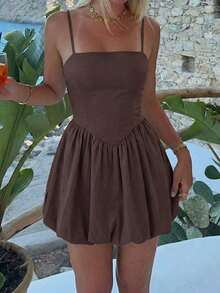 Đầm mini Vaiaye mùa hè dành cho nữ, màu trơn, kiểu dáng gợi cảm với dây đeo mảnh, kiểu váy xếp tầng trễ vai và áo hai dây, thích hợp cho các bữa tiệc ngày lễ và mặc hàng ngày. - nâu đỏ - Xem 3