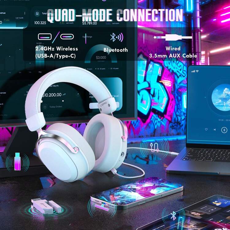 ATTACK SHARK Tai nghe chơi game không dây L30Pro với kết nối 2.4Ghz/Bluetooth/Có dây, thời lượng pin dài, micro có thể tháo rời, âm thanh vòm 7.1, độ trễ cực thấp, tương thích với PC/PS/Xbox/Switch. - Xem 2