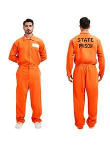 1 Bộ Trang Phục Hóa Trang Tù Nhân Halloween, Trang Phục Tù Nhân, Đồng Phục Nhà Tù, Bộ Đồ Tù Nhân Màu Cam - Màu Cam cháy - Xem 1
