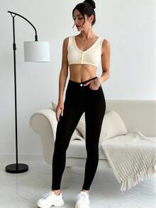 High Waisted Denim Skinny Jeans With Pockets - Dark Black - View 2