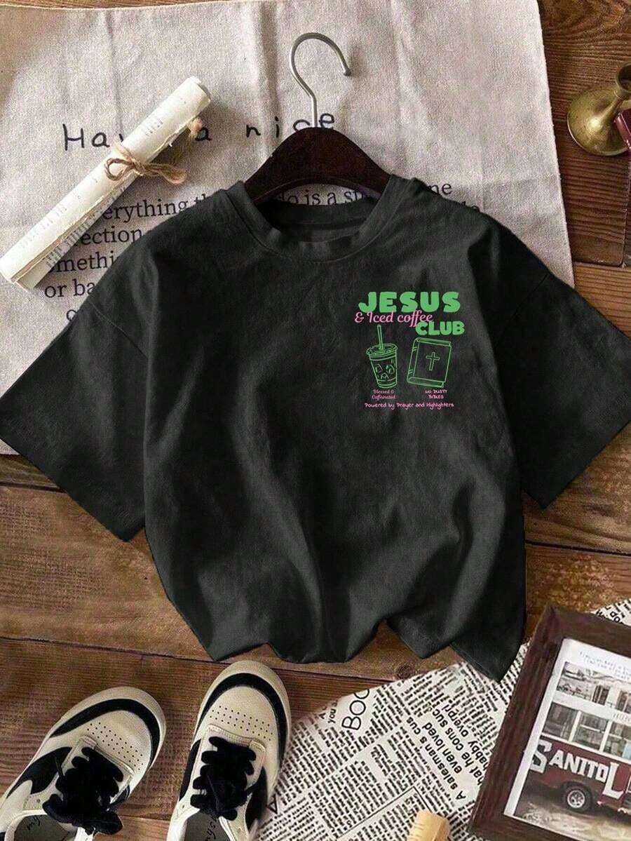 Women's Loose-Fitting T-Shirt With A Round Neck And Exquisite Print. Soft And Breathable Fabric, Comfortable To Wear, And Short Sleeves. Casual And Relaxed Fit, Versatile Style. Made From High-Quality 100% Pure Cotton (200 G). - 黑色 - 查看 1
