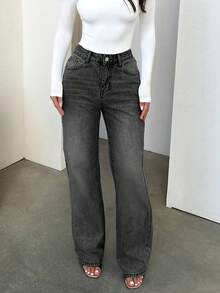 Quần jeans nữ dáng suông rộng, tối giản, cạp chun, phong cách retro. - Xám - Xem 1