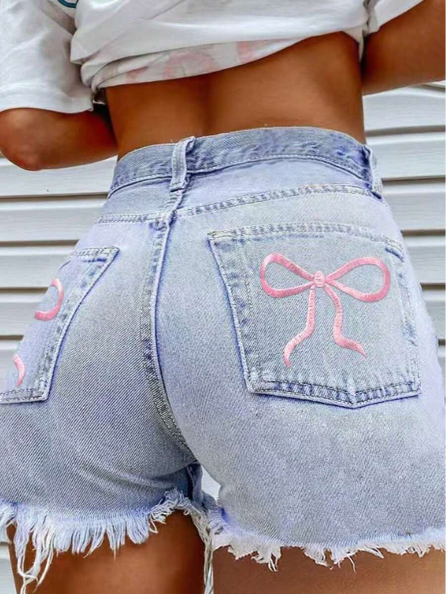 Mobula Sound# Plus Size Women's Casual Fashion Festival Holiday Beach Travel Single Party Airport Outfit Frayed Edge Embroidered Denim Stretchy Comfortable Shorts Summer - Blue - View 1