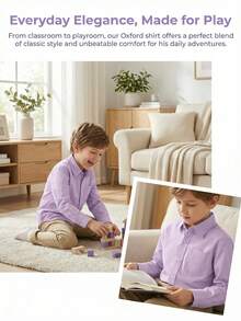 Áo sơ mi dài tay cho bé trai 6-14 tuổi, cổ áo cài cúc cổ điển, chất liệu cotton, có túi, màu tím. - Màu tím - Xem 10