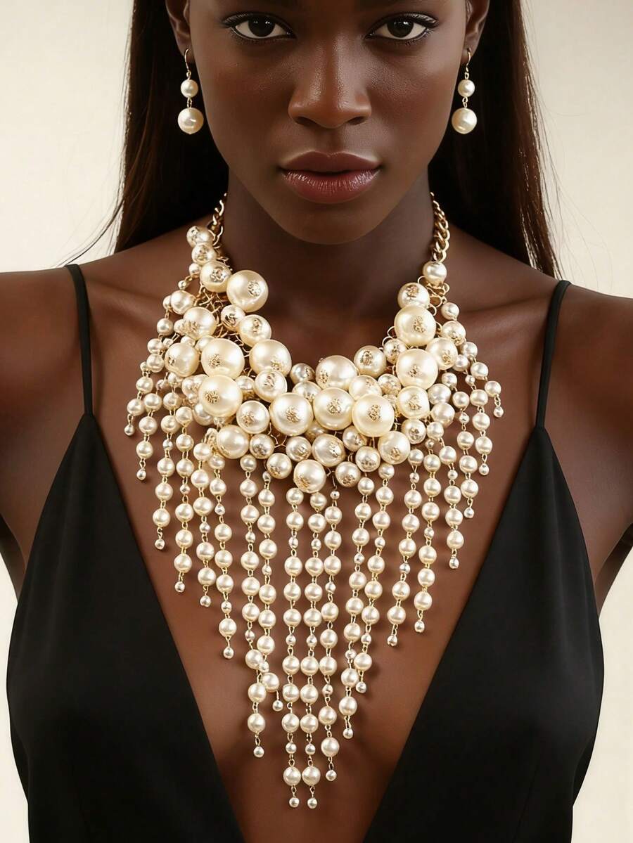 1 pieza Collar de perlas multicapa vintage, cadena larga de suéter de moda europea y americana, accesorio versátil para primavera/verano - collar - Ver 1