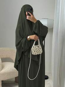 3件組 Khimar+Abaya 柔軟祈禱套裝，長款 Abaya 配對希賈布，休閒外出必備單品（希賈布+洋裝+腰帶） - 彩色 - 查看 11