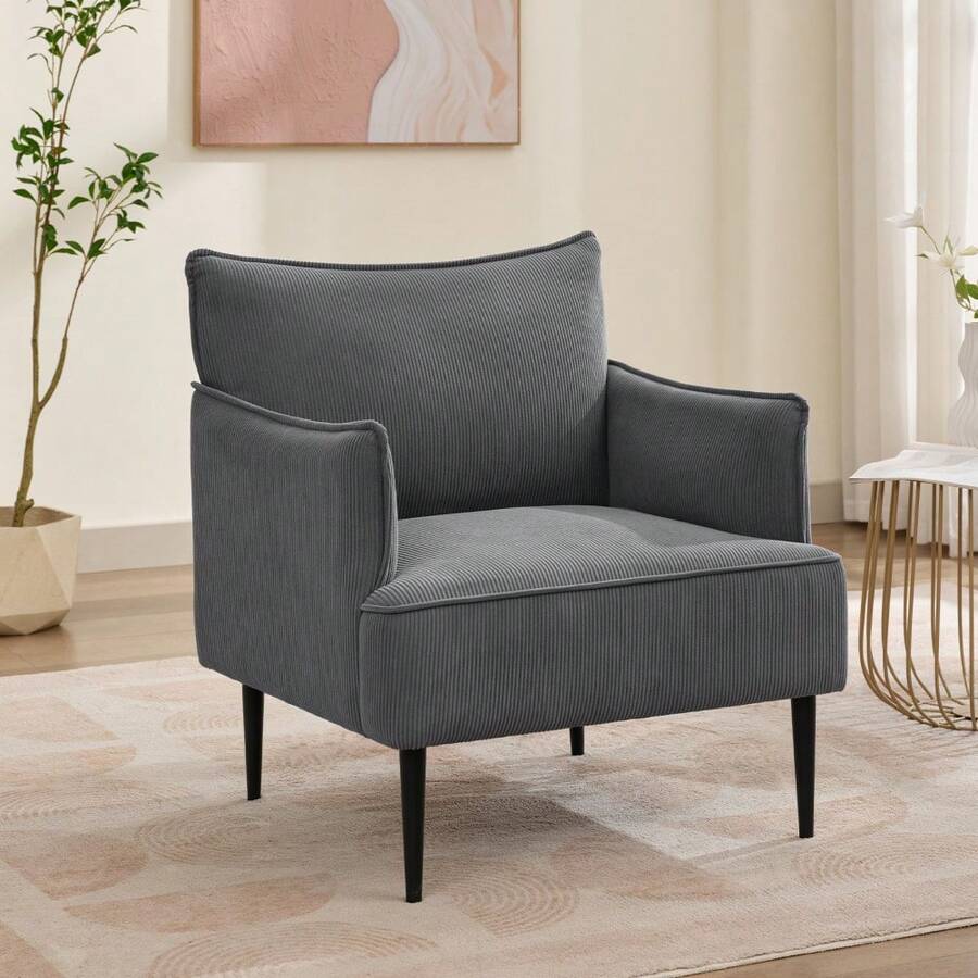 Sillón individual moderno tapizado en lino – Asiento cómodo y ergonómico – Cojines desmontables, reposabrazos anchos, patas metálicas resistentes – Ideal para sala, dormitorio y oficina - Gris - Ver 1