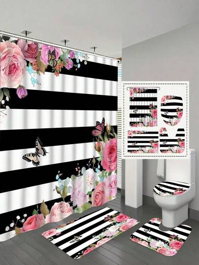 1/4 件套粉色碎花浴室帘套装，少女风蝴蝶点缀，黑白条纹，包含防水涤纶浴帘、防滑浴垫、U型马桶垫、12个挂钩 - 现代家居装饰，浴室配件，易于清洁，绝佳乔迁礼物 - 四季皆宜