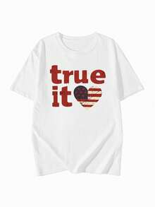 Casual Japanese-Style Women's T-Shirt, Round Neck, Short Sleeves, With Letter And Heart Print, Black, For Summer. - White - View 5