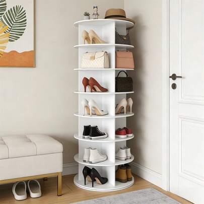 7 Tier Rotating Shoe Rack Tower - 360 Degree Spinning Shoe Display Lazy Susan, Space Saving PVC Shoe Organizer For Entryway Closet, Holds Many Pairs, White (60x60x161cm)