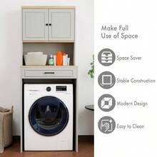 Over The Washer Dryer And Robot Vacuum Storage Cabinet Suitable For Compact Washing Machines Laundry Room Storage Organizer With 1 Door A Adjustable Shelf And A Fake Drawer Design-Antique White - 仿古白 + 中密度纖維板1 - 查看 7