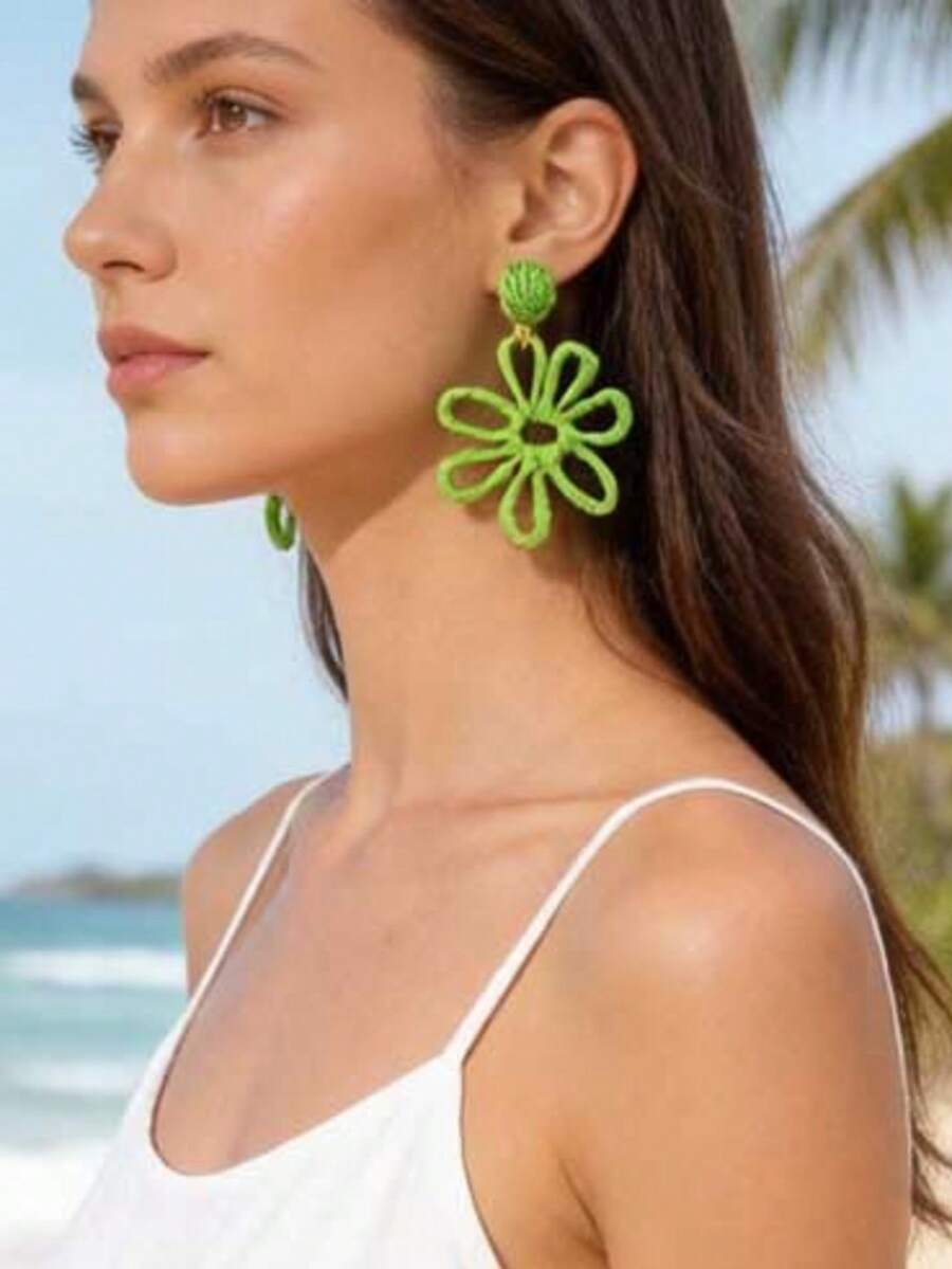 imoli 1 Đôi bông tai dáng hoa rỗng đan bằng sợi raffia kiểu Bohemian, món quà thích hợp cho phụ nữ đi nghỉ mát ở bãi biển.