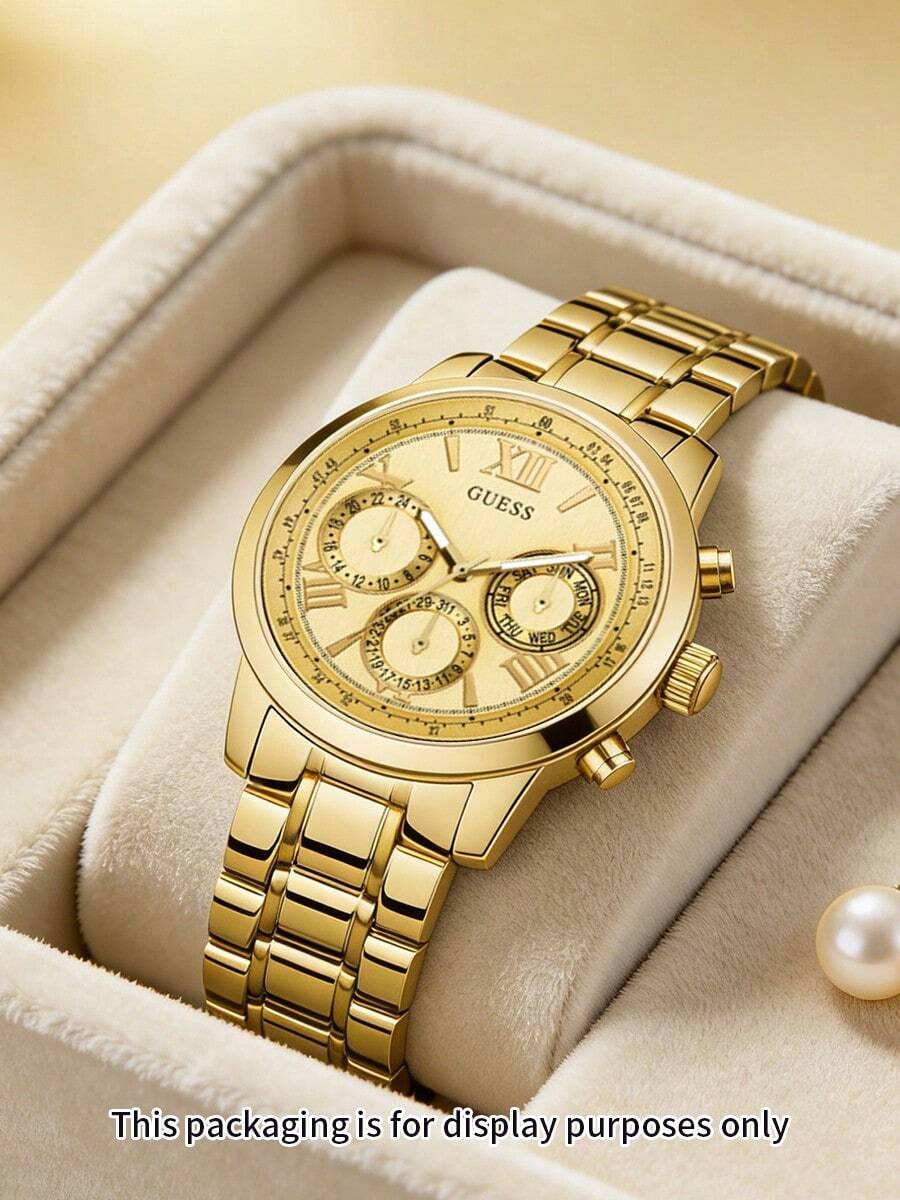 Guess Đồng hồ nữ W0330L1 mạ vàng, đa chức năng, máy quartz, mặt số La Mã, dây đeo thép không gỉ, kiểu dáng thanh lịch cổ điển, phù hợp cho công sở và đeo hàng ngày. - Vàng - Xem 1