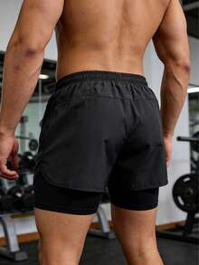 Men's Outdoor Quick-Dry Breathable Sports Shorts, Printed Design, With Zipper Pockets And Drawstring Waist, Suitable For Casual, Outdoor, Exercise, Vacation, Fishing - Black - View 2