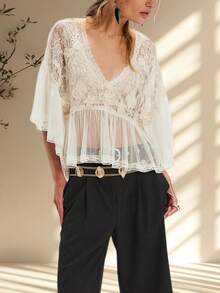 Women Y2K See Through Peplum Shirt ‌Poncho‌ Crochet Floral Embroidery Ruffle Tops Short Sleeve V Neck Babydoll Blouse Summer Vacation Beachwear Streetwear - trắng - Xem 1
